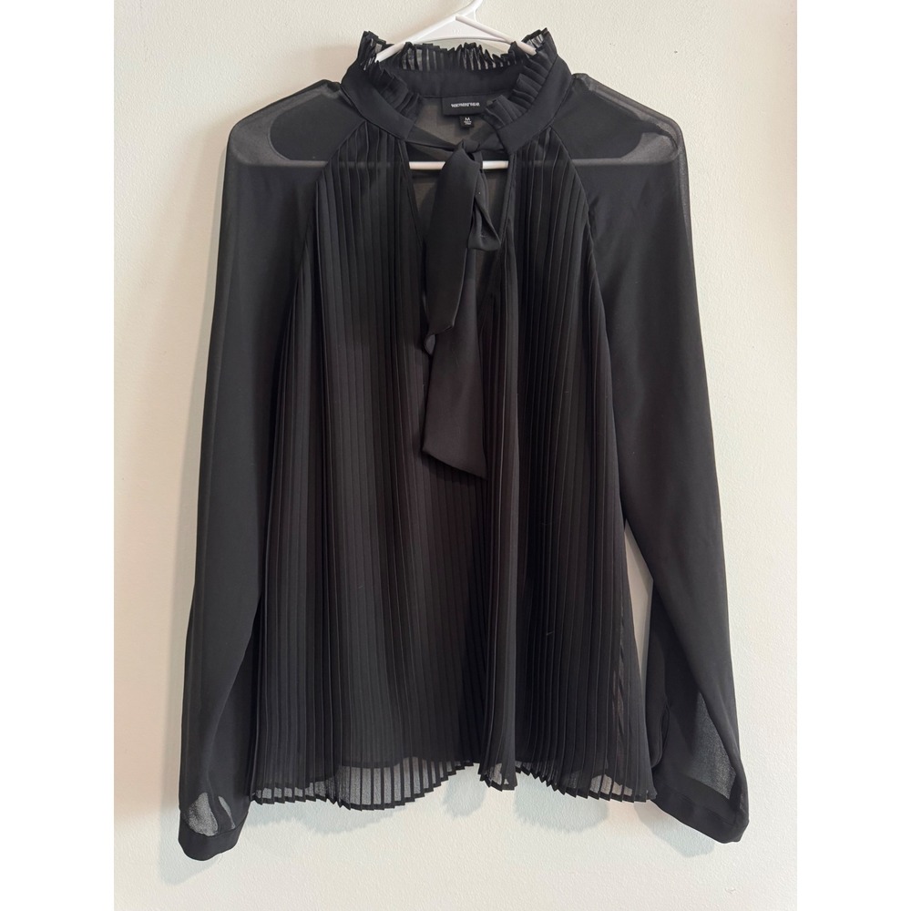 Who What Wear‎ Pleated Tie Neck Blouse Women Medium Black Sheer Ruffle Collar - Picture 8 of 8